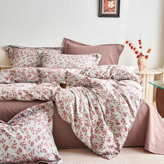 mixinni 100% Washed Cotton Duvet Cover Set, Reversible Vintage Floral Jacquard by mixinni