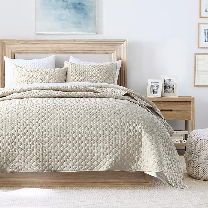 HORIMOTE HOME Quilt Set King Size Beige Bedspread, Modern Style Quilted Clouds by HORIMOTEHOME