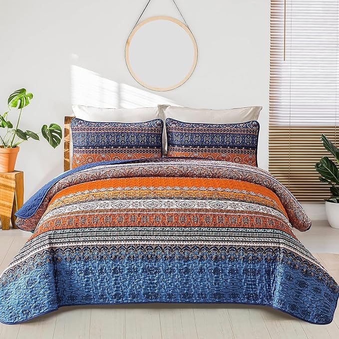 WONGS BEDDING Boho Quilt Set California King, Lightweight Microfiber Bed Decor by WONGSBEDDING