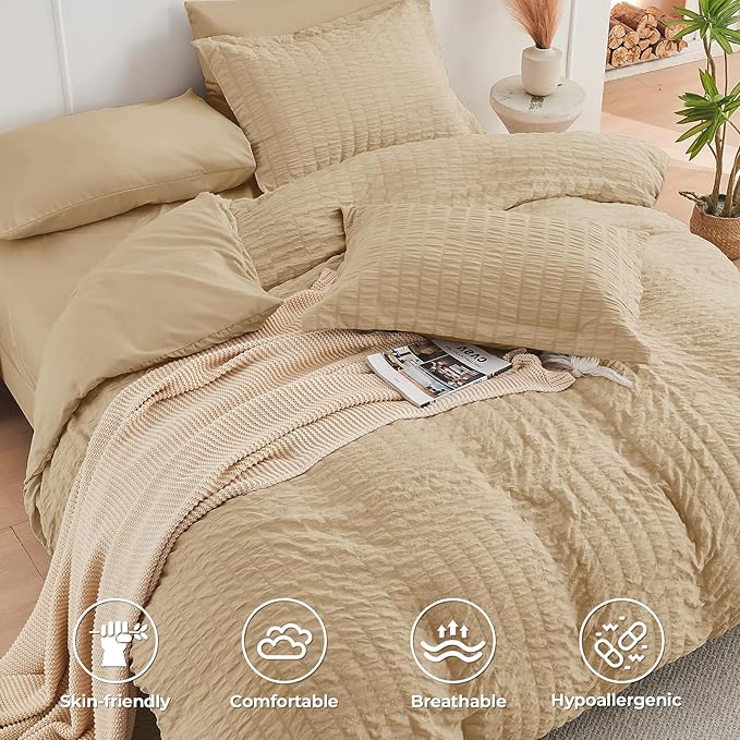 HYMOKEGE Khaki Twin XL Comforter Set Seersucker 5 Pieces, All Season Luxury Bed - Image 3