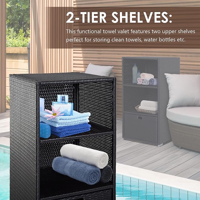 Outsunny Valet Pool Towel Rack, Waterproof PE Plastic Rattan Wicker Storage - Image 5