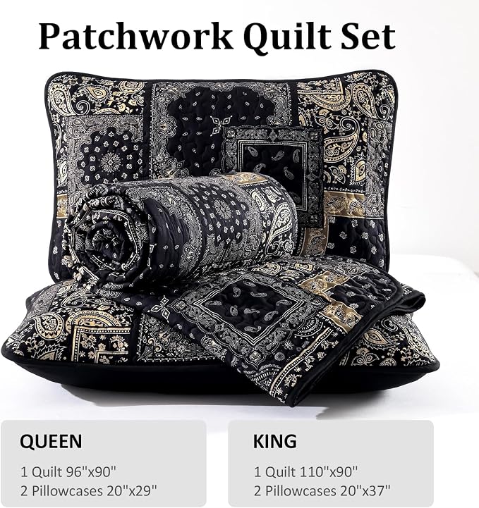 Cottolester Boho Patchwork Quilt Set King Size, Paisley Floral Bedding Set Soft - Image 8