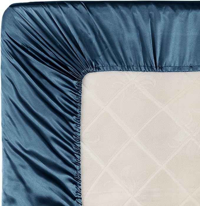 Homiest Deep Sea Blue Satin Fitted Sheet Twin Size, Deep Pocket, Luxury & Ultra - Image 6