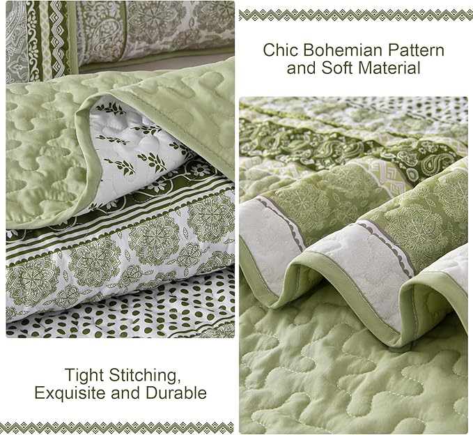 WONGS BEDDING Boho Quilt Set King Size, Sage Green Bohemian 3 Pieces Quilt Sets - Image 6