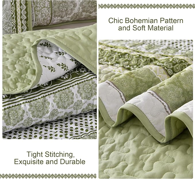 WONGS BEDDING Boho Quilt Set Queen Size, Sage Green Bohemian 3 Pieces Quilt Sets - Image 6