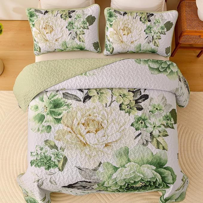 WONGS BEDDING Floral Quilt Set Green Queen, Quilted Printed Lightweight - Image 3