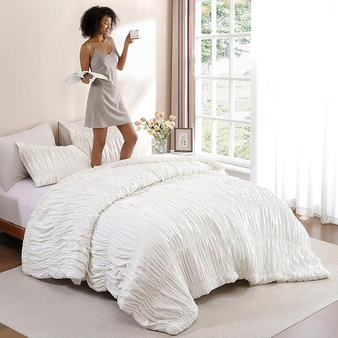 weigelia Cream Comforter Set Full – Textured Ruched Cream Ivory Full Comforter - Image 6