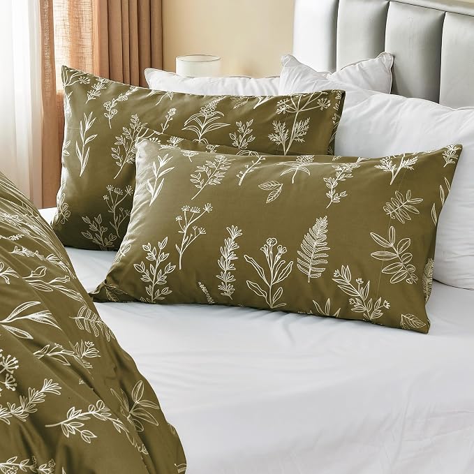 MUXHOMO Duvet Cover King Size, Reversible Floral Olive Green Duvet Cover Set - Image 4
