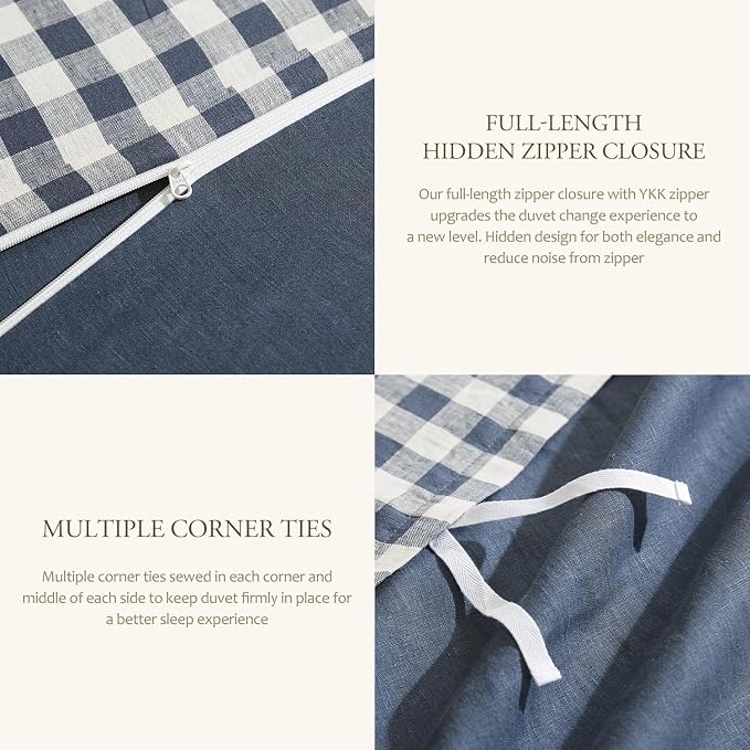 DAPU Linen Duvet Cover King, Yarn Dyed Gingham Check Plaid 100% Washed Linen - Image 6
