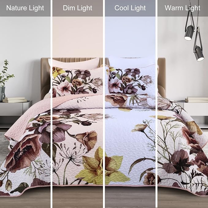 Drucon Floral Quilt Set Queen 3 Pieces Boho Blush Quilt Coverlet Set Soft - Image 3