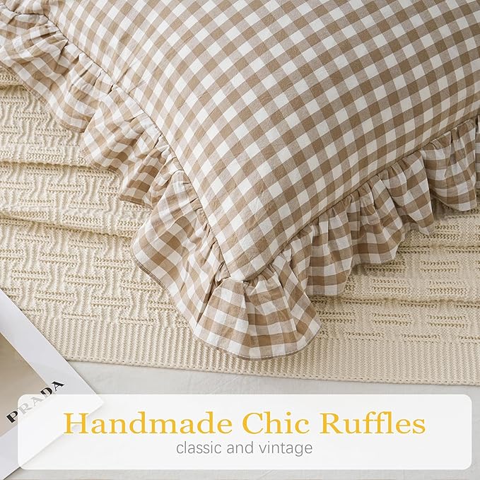2 Pack Taupe/Brown Plaid Ruffle Throw Pillow Covers Farmhouse Checkered Chic - Image 6