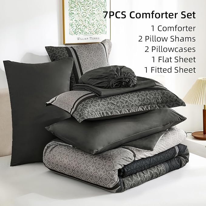 WONGS BEDDING 7 Pieces Comforter Set King Size, Dark Grey Black Striped Bed in - Image 7