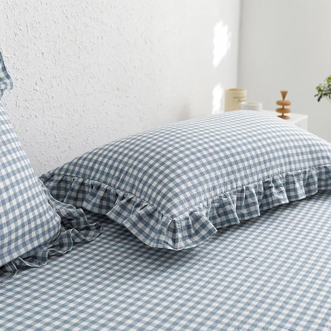 MKXI Blue and White Gingham Duvet Cover King Size, 3-Piece Bedding Set - Image 7