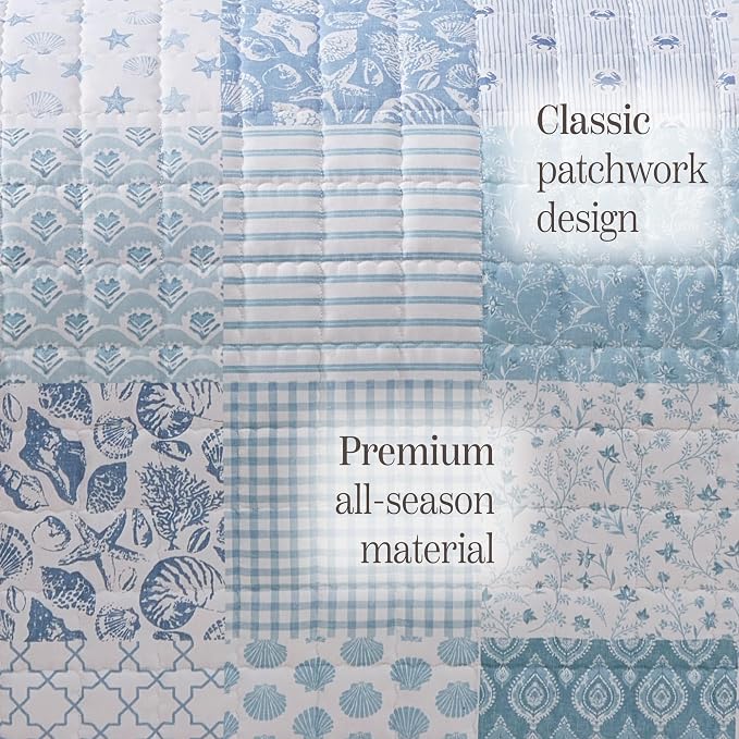 BLOOMHAVEN Quilt Set Queen Size, Patchwork Sea Blue Floral Quilt Sets, - Image 6