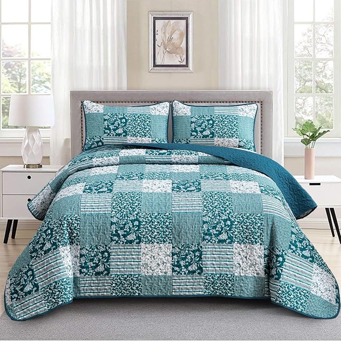 Mybedsoul Teal Blue Quilt Set Queen Size 3 Pieces Boho Plaid Turquoise Floral by Mybedsoul
