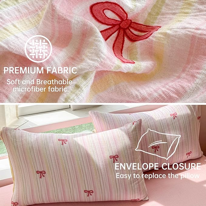 BOLINLIVING Pink Bow Duvet Cover Full Size, Girls Kids Cute Striped Bowknot - Image 5