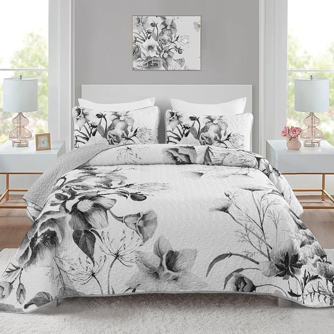 Floral Quilt Set California King 3 Pieces Grey Floral Quilt Coverlet Set Soft by DRUCON