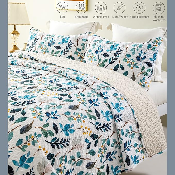 Whale Flotilla Reversible Printed Quilt King Size, Extra Soft Boho Floral Leaf - Image 3
