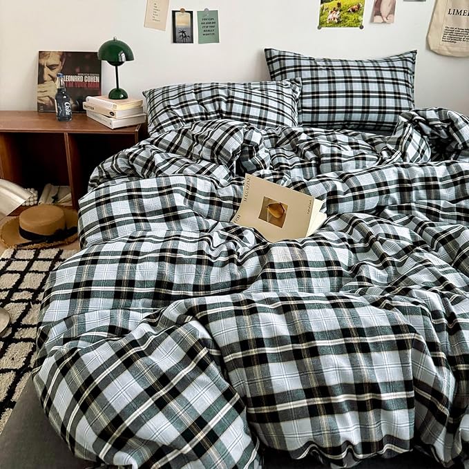 mixinni Vintage Grey & Pale Blue Buffalo Plaid Duvet Cover Set Full Size - Image 8