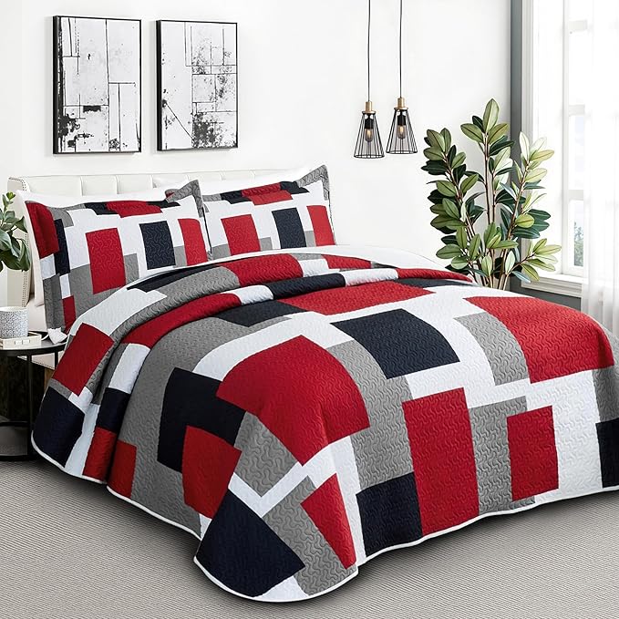 Tyrot 3 Piece Red Black Grey Quilt Set California King Size Red White Geometric - Image 2