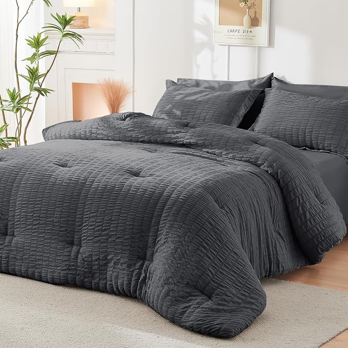 HYMOKEGE 7 Piece King Size Comforter Set Seersucker, All Season Luxury Bed in a - Image 8