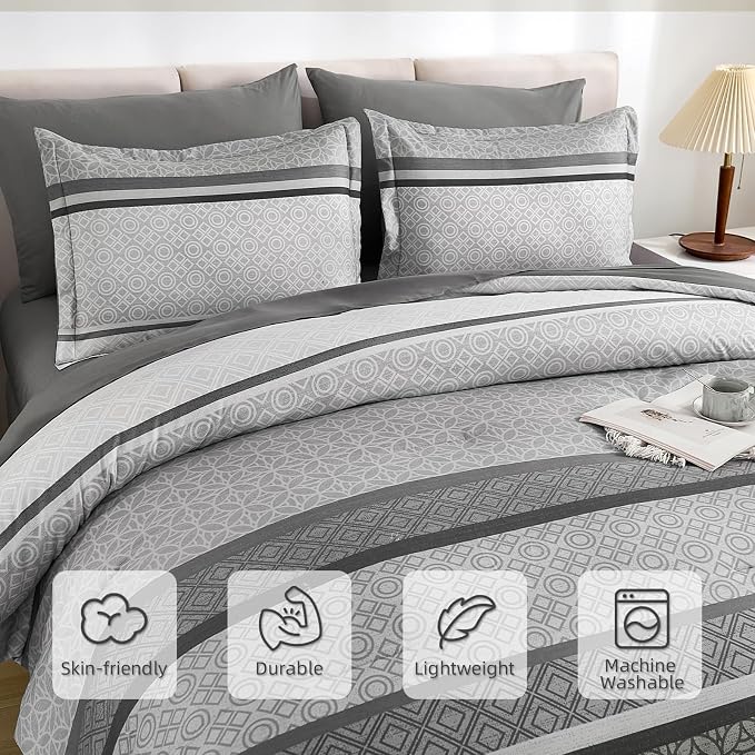 WONGS BEDDING Grey Comforter Set Queen Size, 7 Pieces Striped Bed in a Bag - Image 5