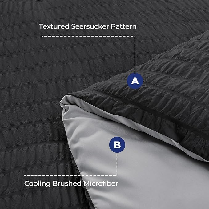 HYMOKEGE Black/Light Grey Twin Comforter Set Seersucker 5 Pieces, All Season - Image 4