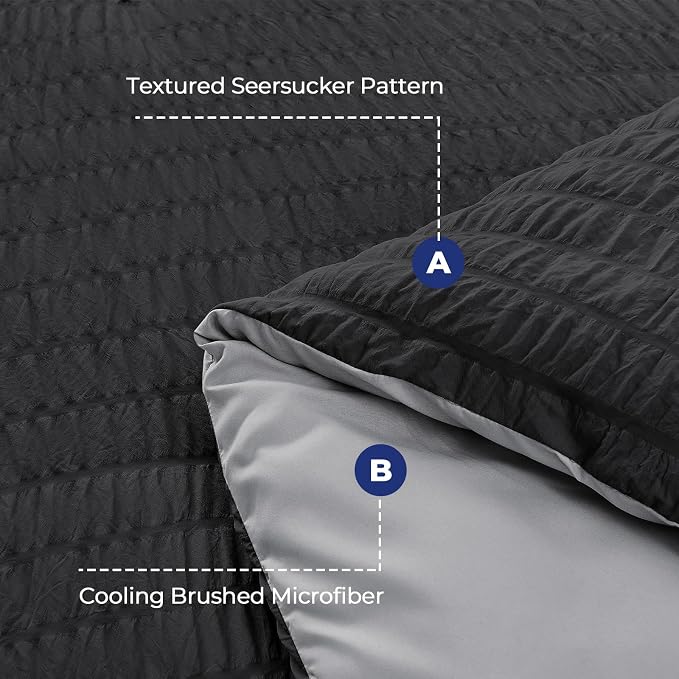 HYMOKEGE Black/Light Grey Duvet Cover Queen Size, Ultra Soft 3-Piece Seersucker - Image 3