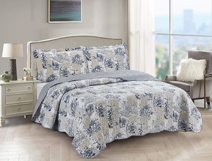 Brilliant Sunshine Blue Toile in Beige and Ivory Patches, 3-Piece Quilt Set by BrilliantSunshine