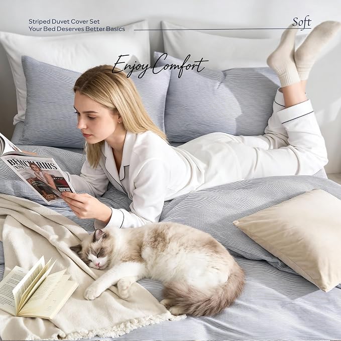JELLYMONI 100% Natural Cotton 3pcs Striped Duvet Cover Sets, - Image 6