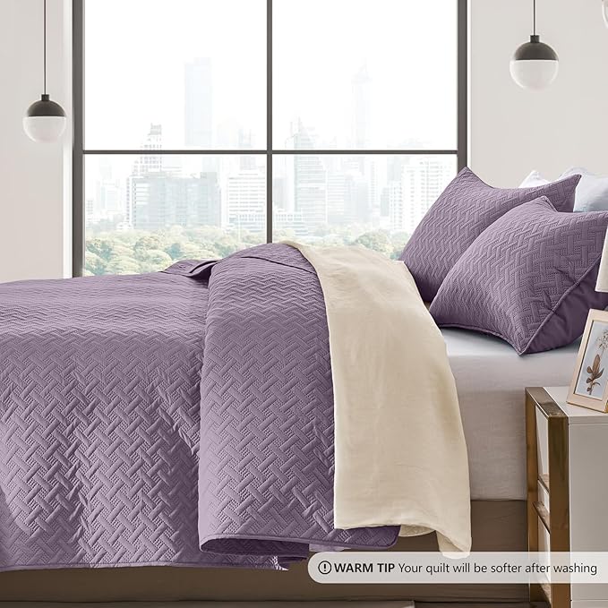 FLYMME Quilts King Size, Lightweight Grayish Purple Bedspreads, Basket Weave - Image 4