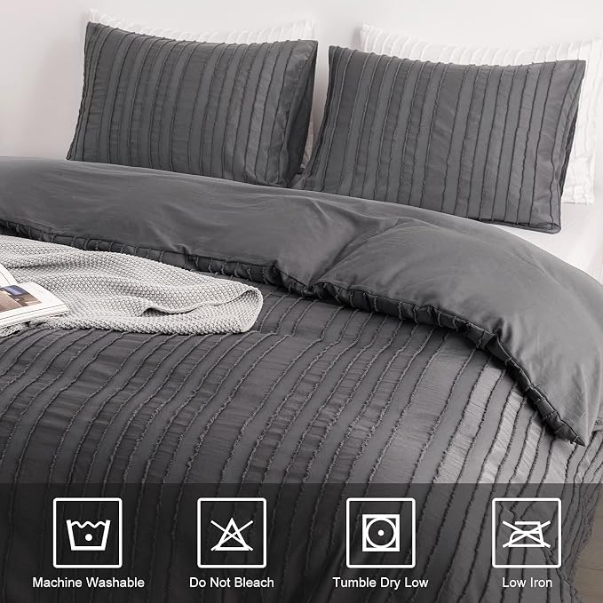 WARMDERN Gray Boho Duvet Cover Set, Striped Textured Tufted Bedding, Twin Size - Image 8