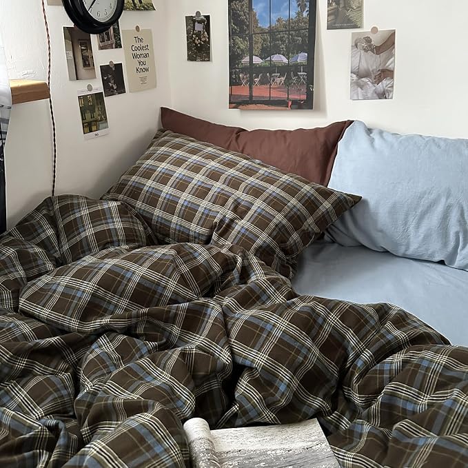 mixinni Vintage Brown & Blue Buffalo Plaid Duvet Cover Set King Size - Image 3