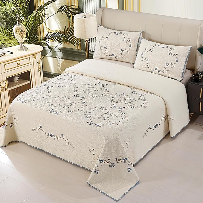 Quilt Set Blue Floral 3D Embroidery Pattern 3 PCS 100% Cotton Reversible - Image 2
