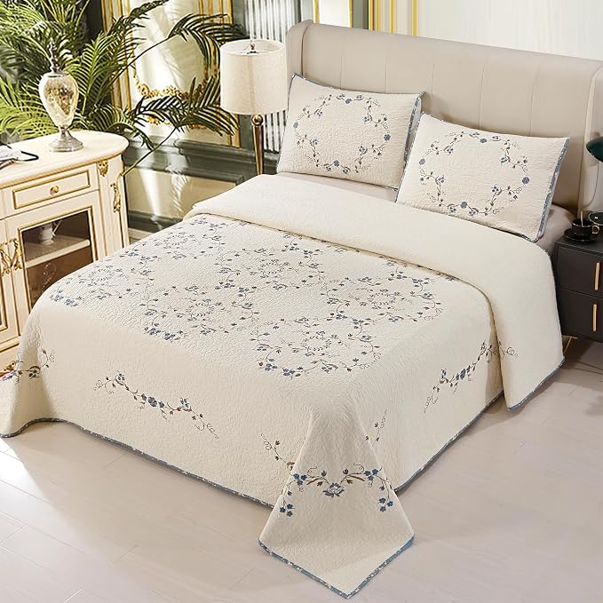 Quilt Set Blue Floral 3D Embroidery Pattern 2 PCS 100% Cotton Reversible - Image 2