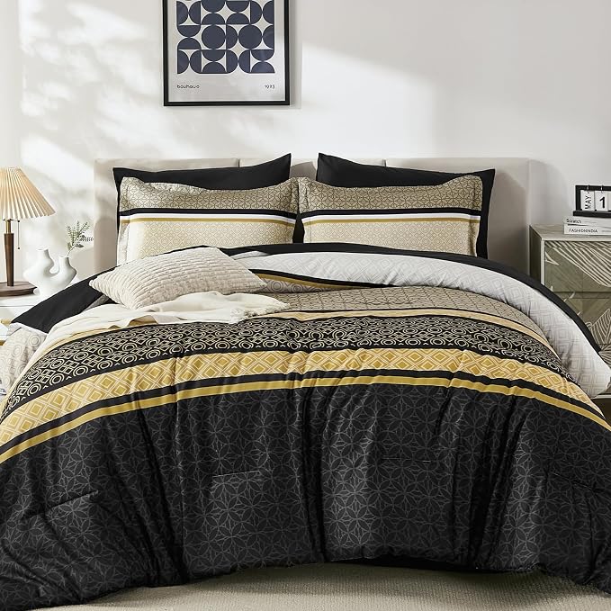WONGS BEDDING Yellow Black King Comforter Set 7 Pieces, Boho Striped Bed in a - Image 2
