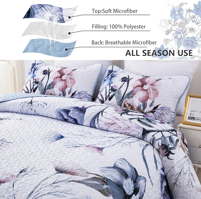 Floral Quilt Set King 3 Pieces Light Blue Floral Quilt Coverlet Set Soft - Image 5