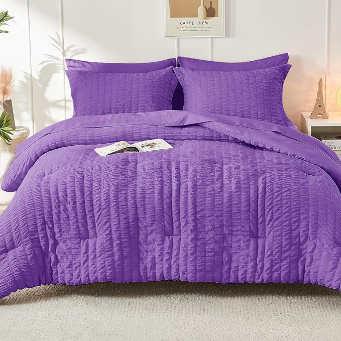 HYMOKEGE Bright Purple Full Size Comforter Sets Seersucker 7 Pieces, All Season - Image 9