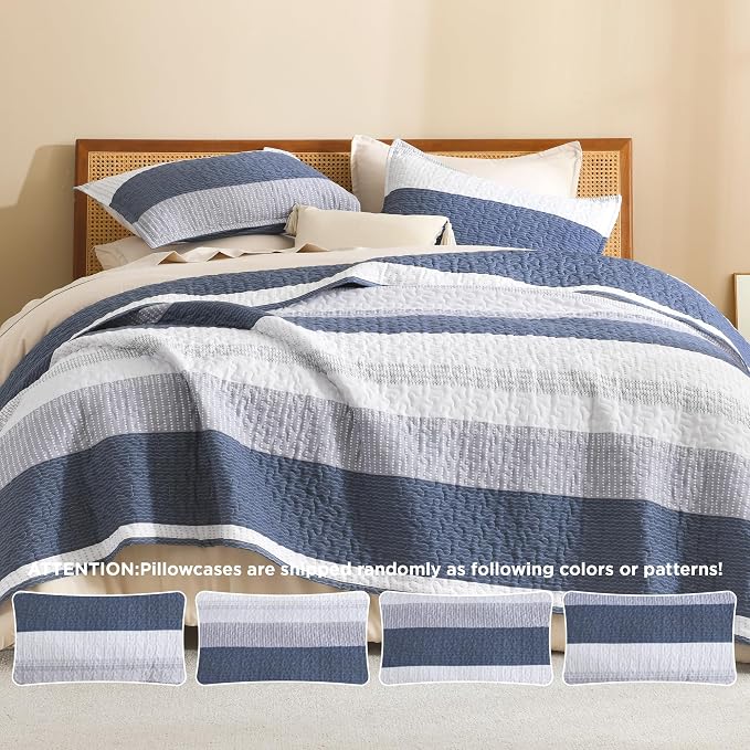 Litanika Oversized King Quilt Set Mineral Blue, 120x98 Stripe Bedspread - Image 5
