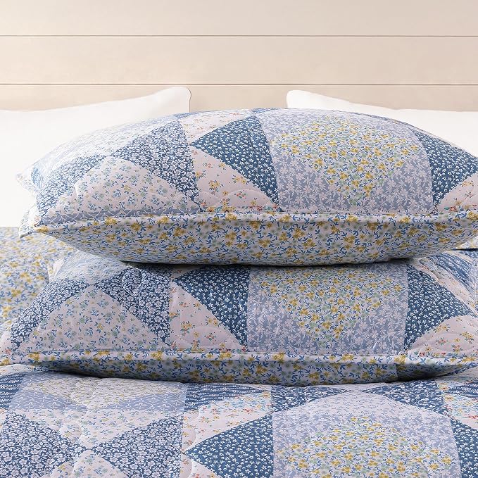 BLOOMHAVEN Quilt Set Queen Size, Patchwork Blue Marigold Floral Quilt Sets - Image 5