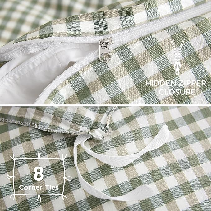 TOCOMOA Green Gingham Duvet Cover Bedding Set 100% Washed Cotton Like Linen - Image 6