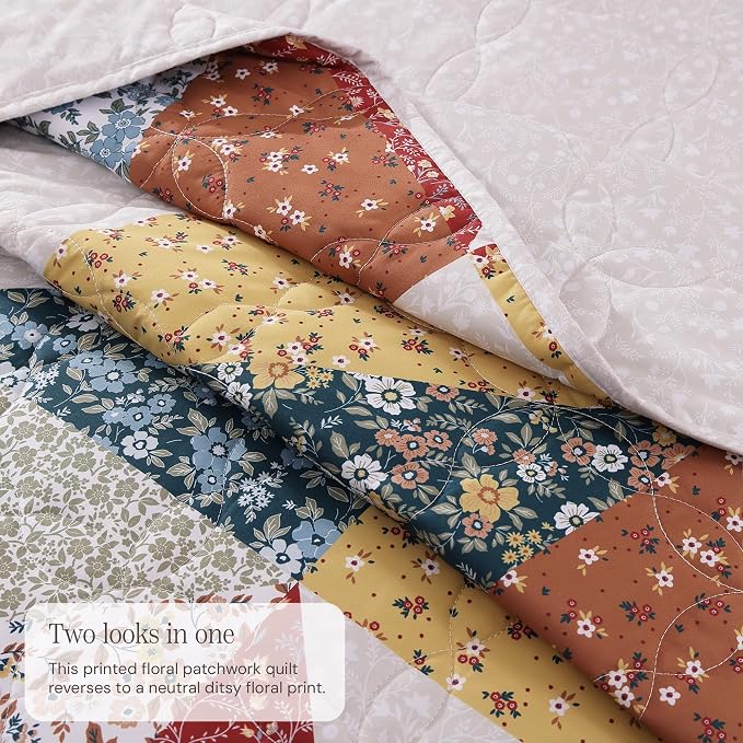 BLOOMHAVEN Quilt Set King Size, Patchwork Burnt Orange Floral Quilt Sets - Image 3
