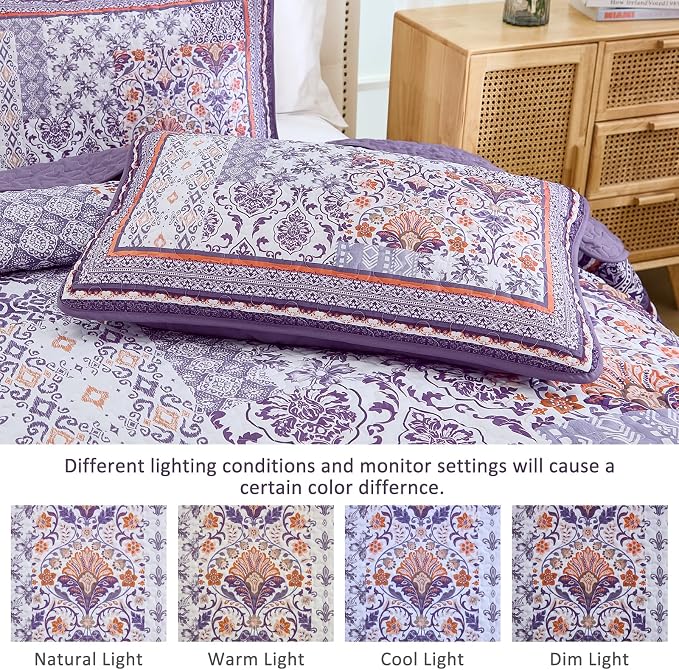 WONGS BEDDING Purle Quilt Set King Size, 3 Pieces Boho Patchwork Bedspread - Image 5
