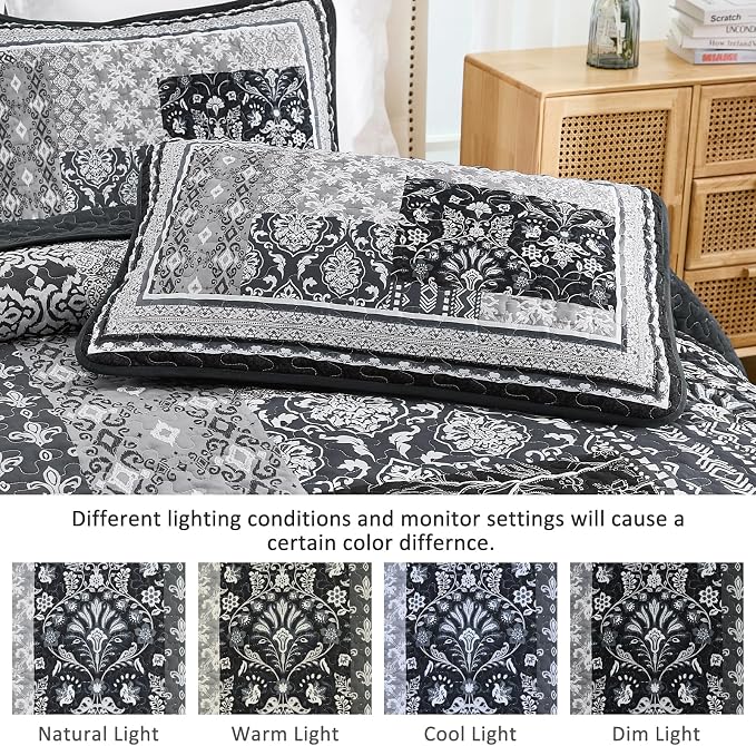 WONGS BEDDING Black Quilt Set King Size, 3 Pieces Boho Patchwork Bedspread - Image 4