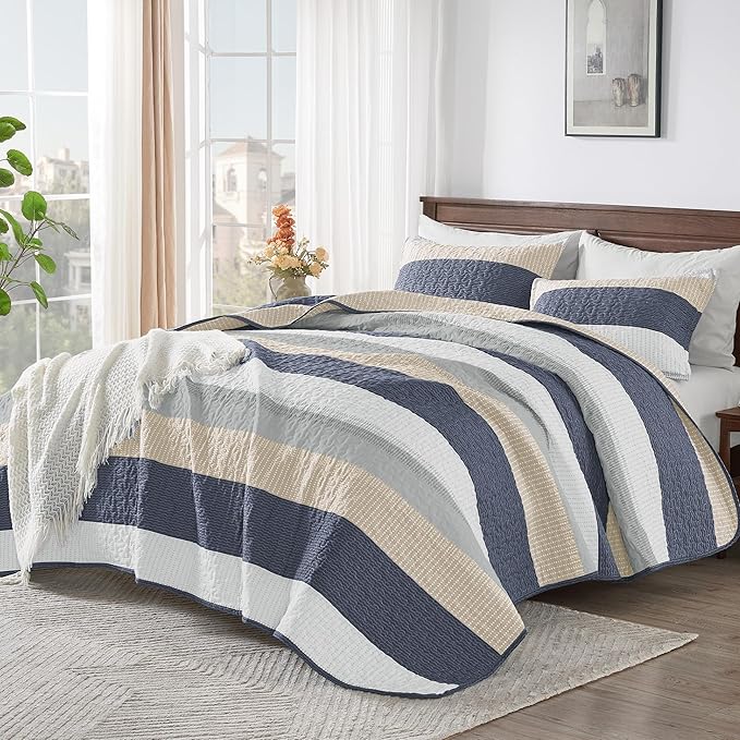 Andency King Size Quilt Set Yellow Blue, 3 Pieces Summer Ultra Soft Lightweight - Image 2