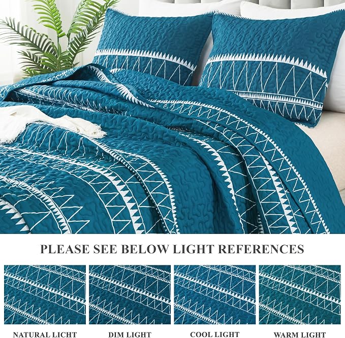 Andency Teal California King Quilt Set, 3 Pieces Boho Lightweight Soft Striped - Image 3