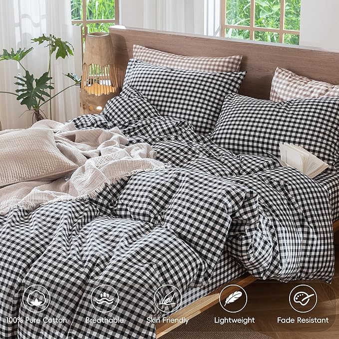MooMee Gingham Duvet Cover Set 100% Washed Cotton Linen Like Textured - Image 3