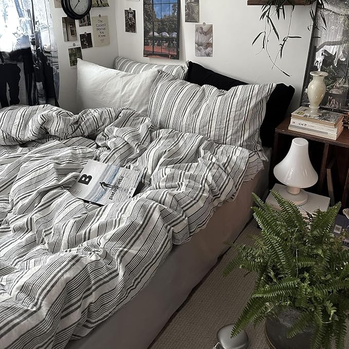 mixinni Vintage Gray & White Striped Duvet Cover Set by mixinni