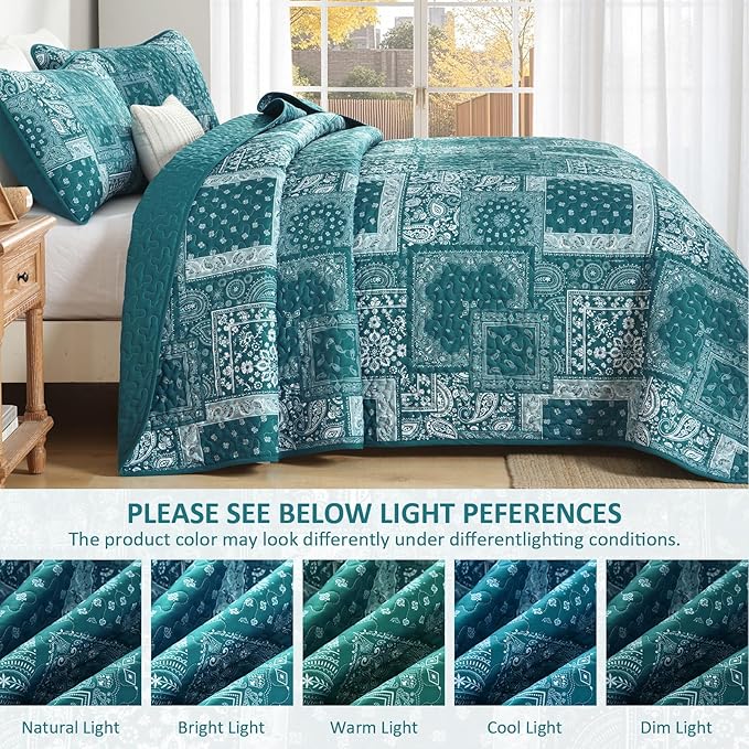 Cottolester Teal Patchwork Quilt Set Queen Size, 3 Pieces Boho Paisley Quilt Set - Image 5