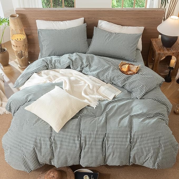 MooMee Gingham Duvet Cover Set 100% Washed Cotton Linen Like Textured - Image 5